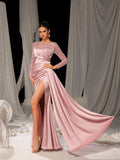 Elegant Satin Evening Gown with High Side Slit & Beaded Sequin Sleeves – Luxurious for Art Gallery Openings or Luxury Charity Galas, XS-XL