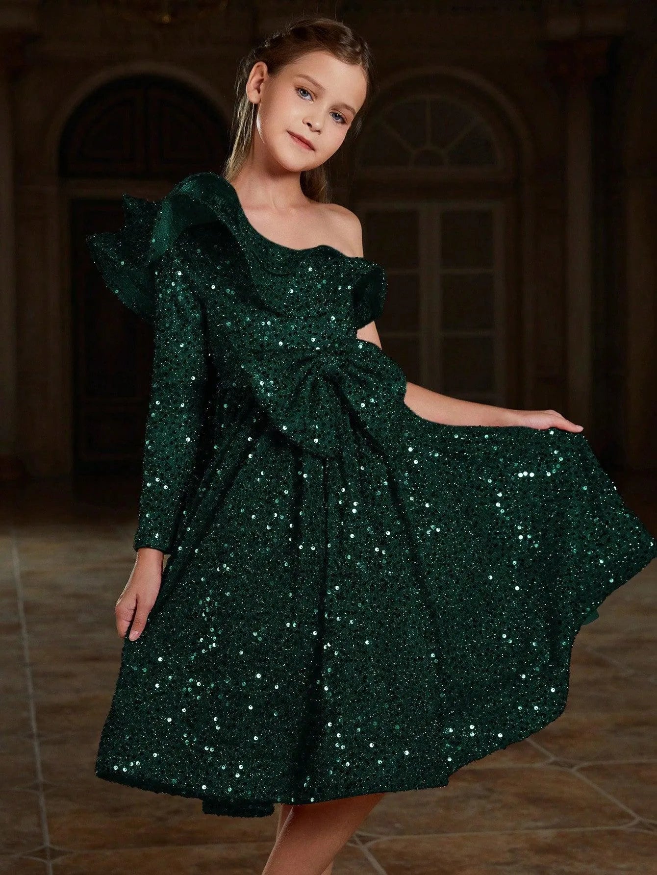 Tween Girls' One Shoulder Layered Ruffle Trim Sequin Party Dress - Elonnashop