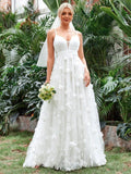 Floral Applique Mesh Cami Wedding Dress - Elonnashop