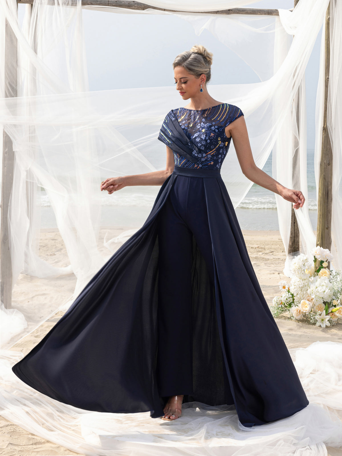 Womens' Elegant Beaded & Sequined Satin Jumpsuit with V-Neckline, Low Back & Flowing Skirt – Glamorous Evening Wear