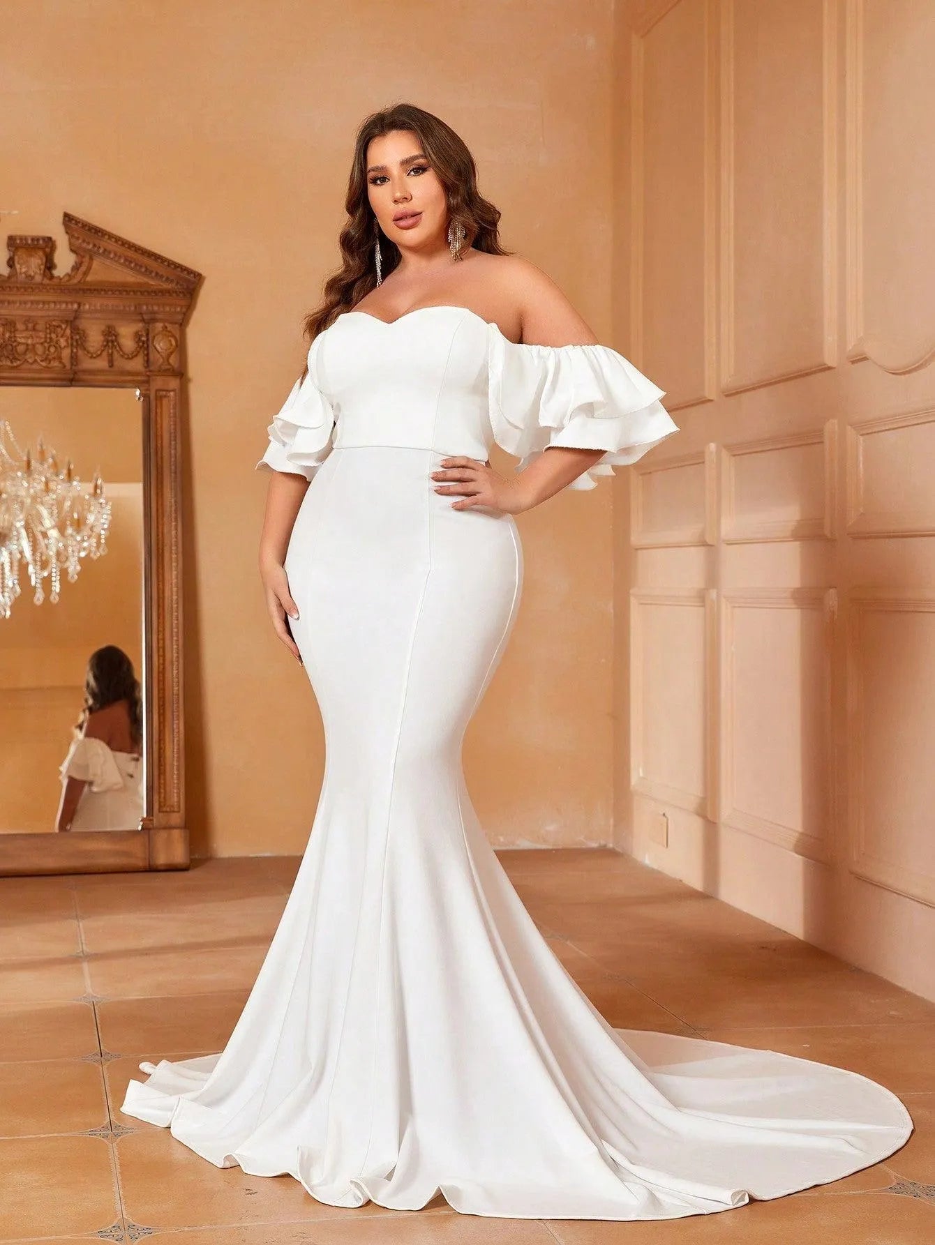 Plus Off Shoulder Ruffle Sleeve Mermaid Wedding Dress