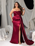 Plus Strapless Mermaid Hem Satin Evening Dress with Sequin Accents