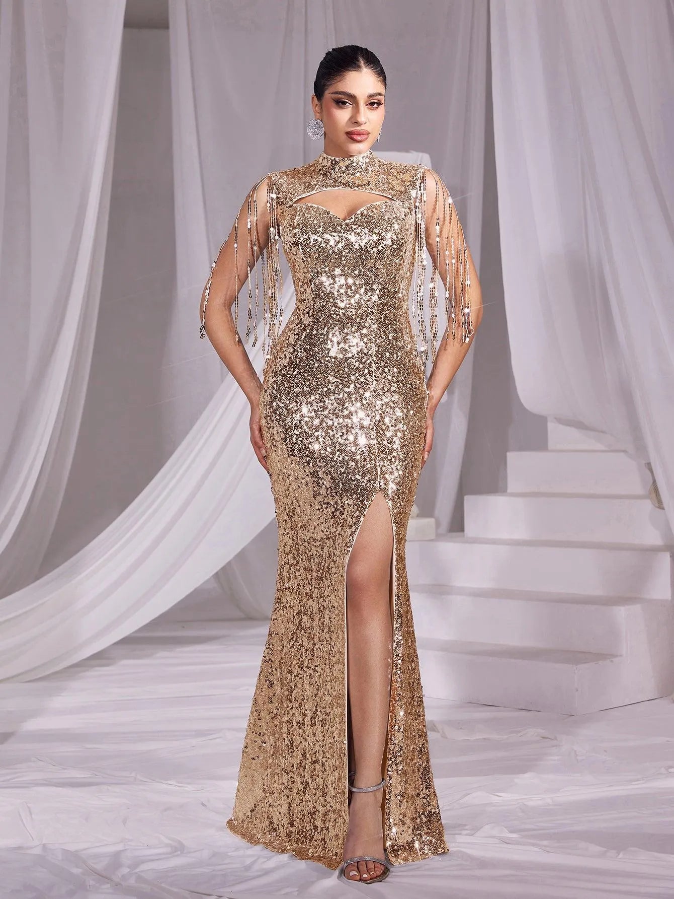 Sequin Mock Neck Mermaid Hem Evening Dress