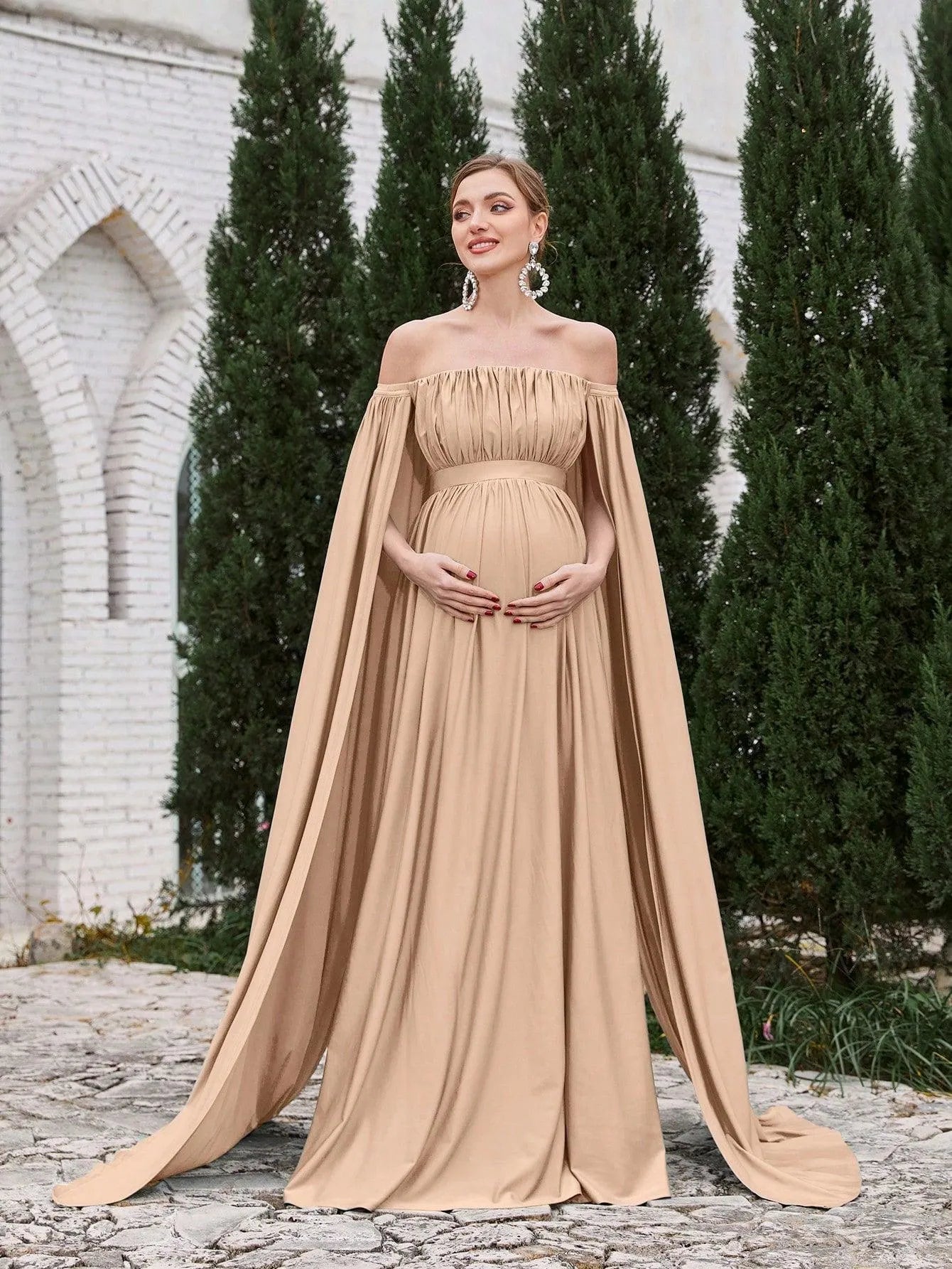 Faeriesty Maternity Off Shoulder Cape Sleeves Maxi Prom Dress Champagne XXL