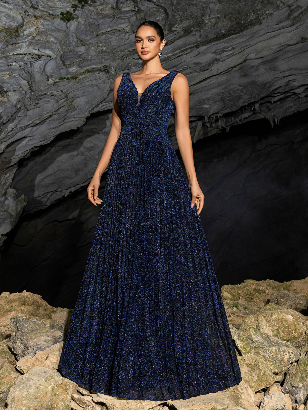 Glitter V Neck Sleeveless Maxi A Line Pleated Dress