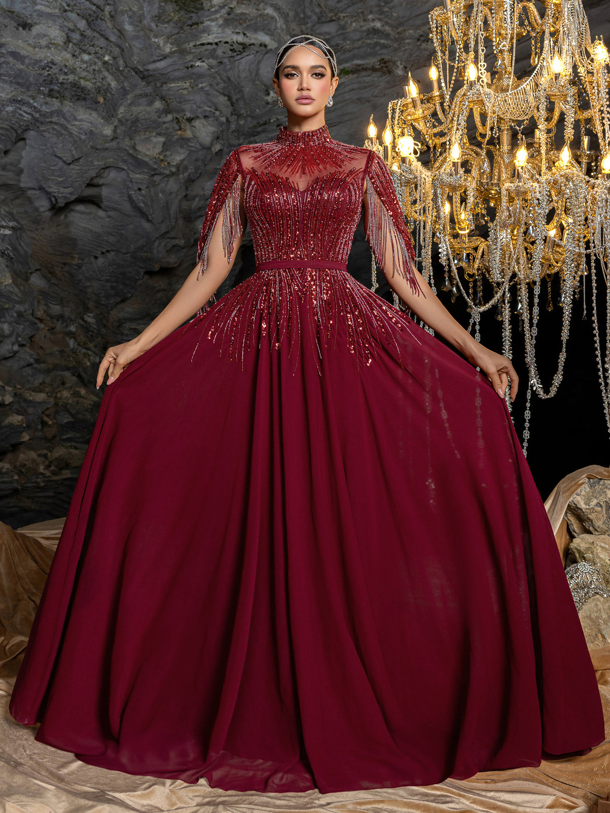 Gorgeous Beaded Fringe High Neck Gown | Fitted Waist with Flowing A-Line Skirt