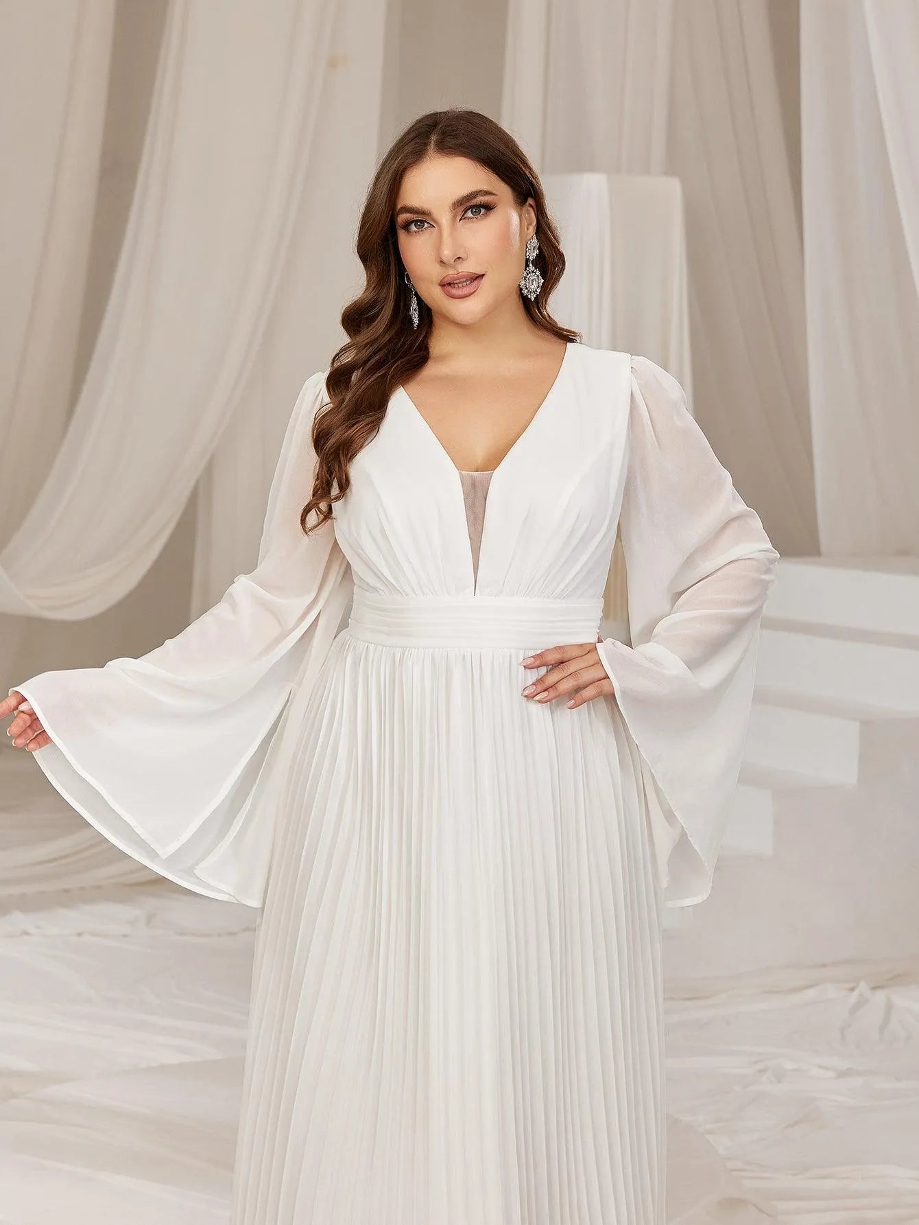 Plus Flared Sleeves Pleated Chiffon Formal Dresses