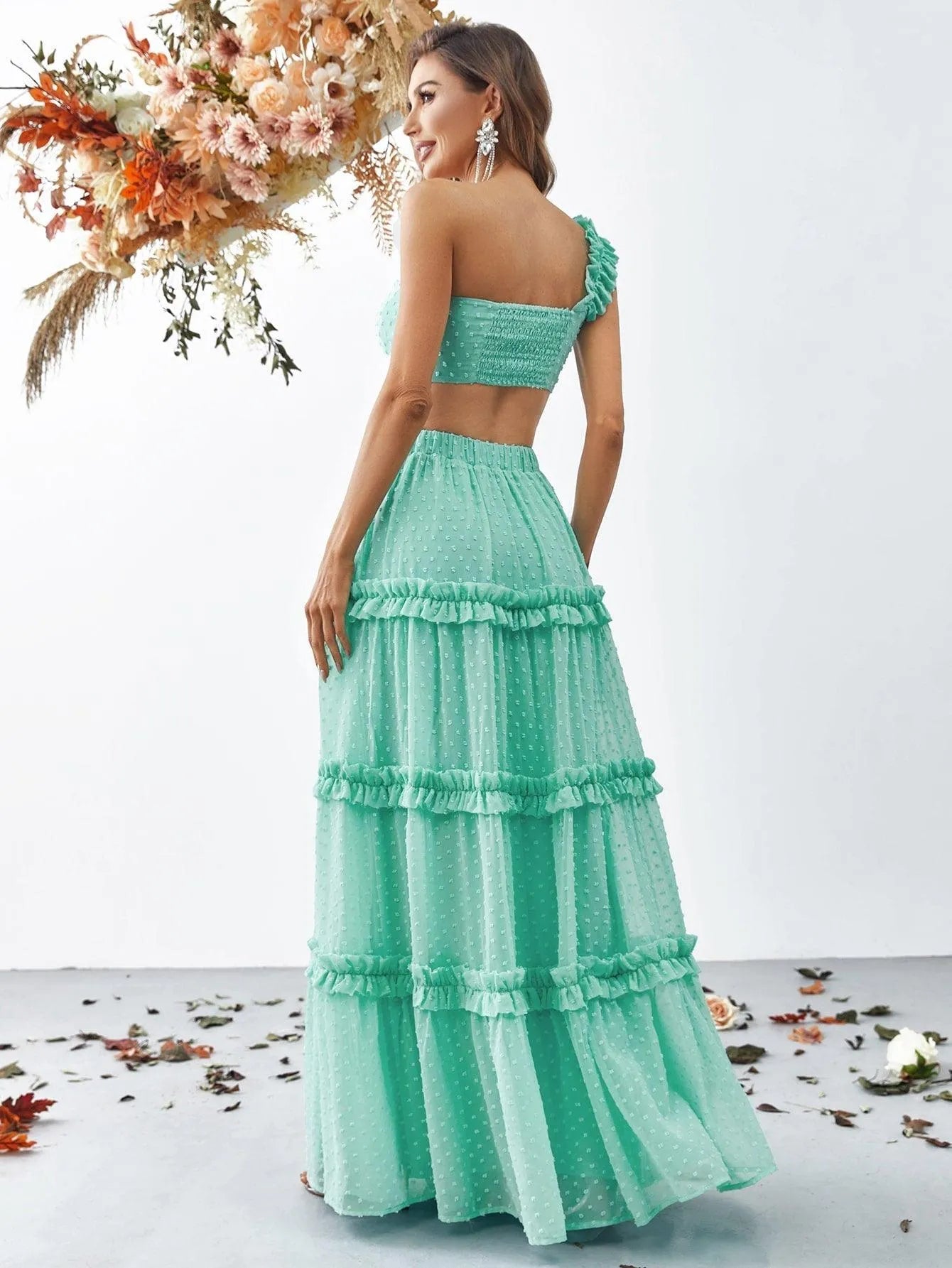 Swiss Dot One Shoulder Crop Top & Chiffon Skirt - Elonnashop