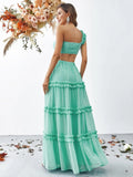 Swiss Dot One Shoulder Crop Top & Chiffon Skirt - Elonnashop