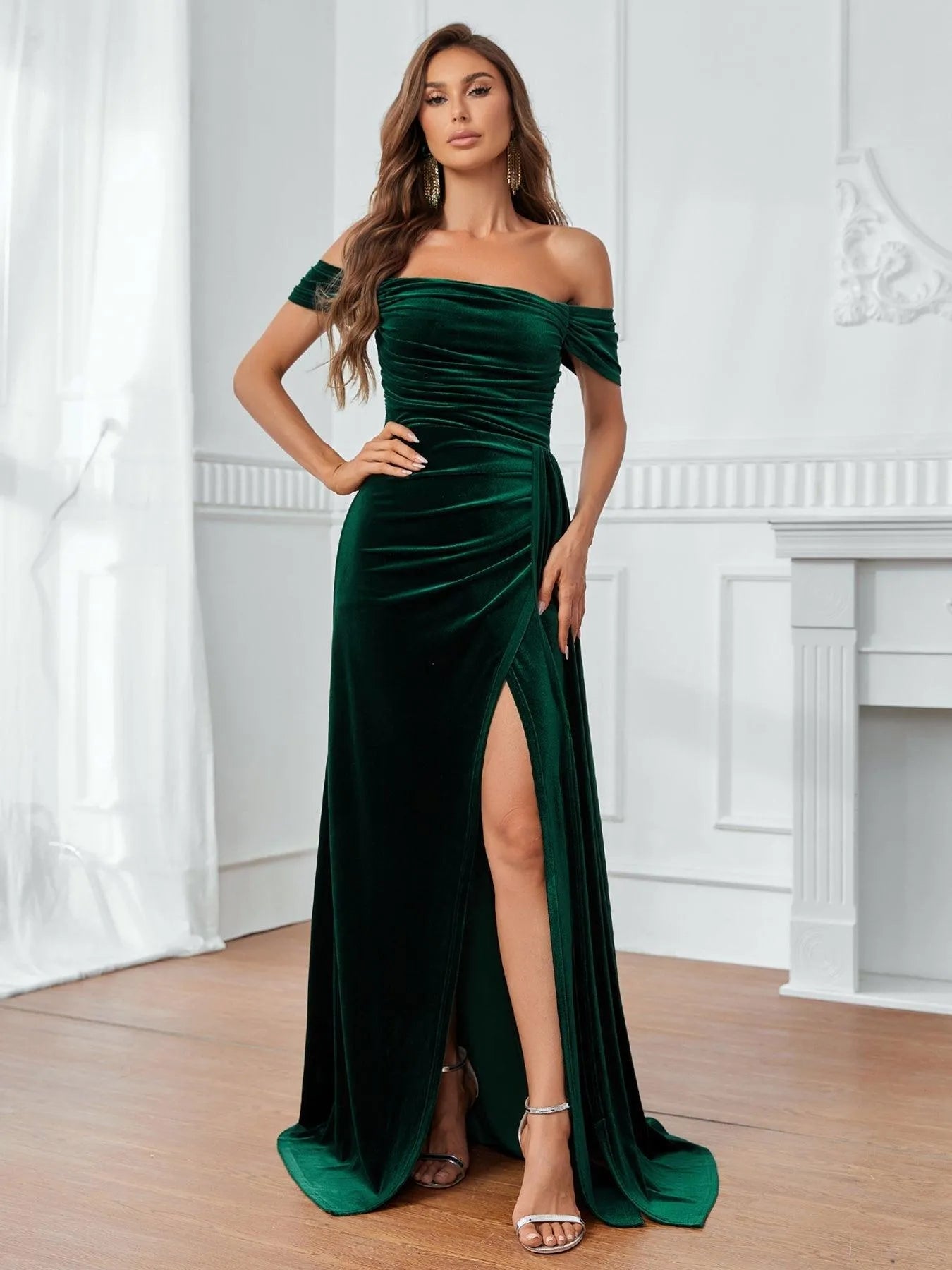 Off Shoulder Ruched Front Draped Side Velvet Party Dress