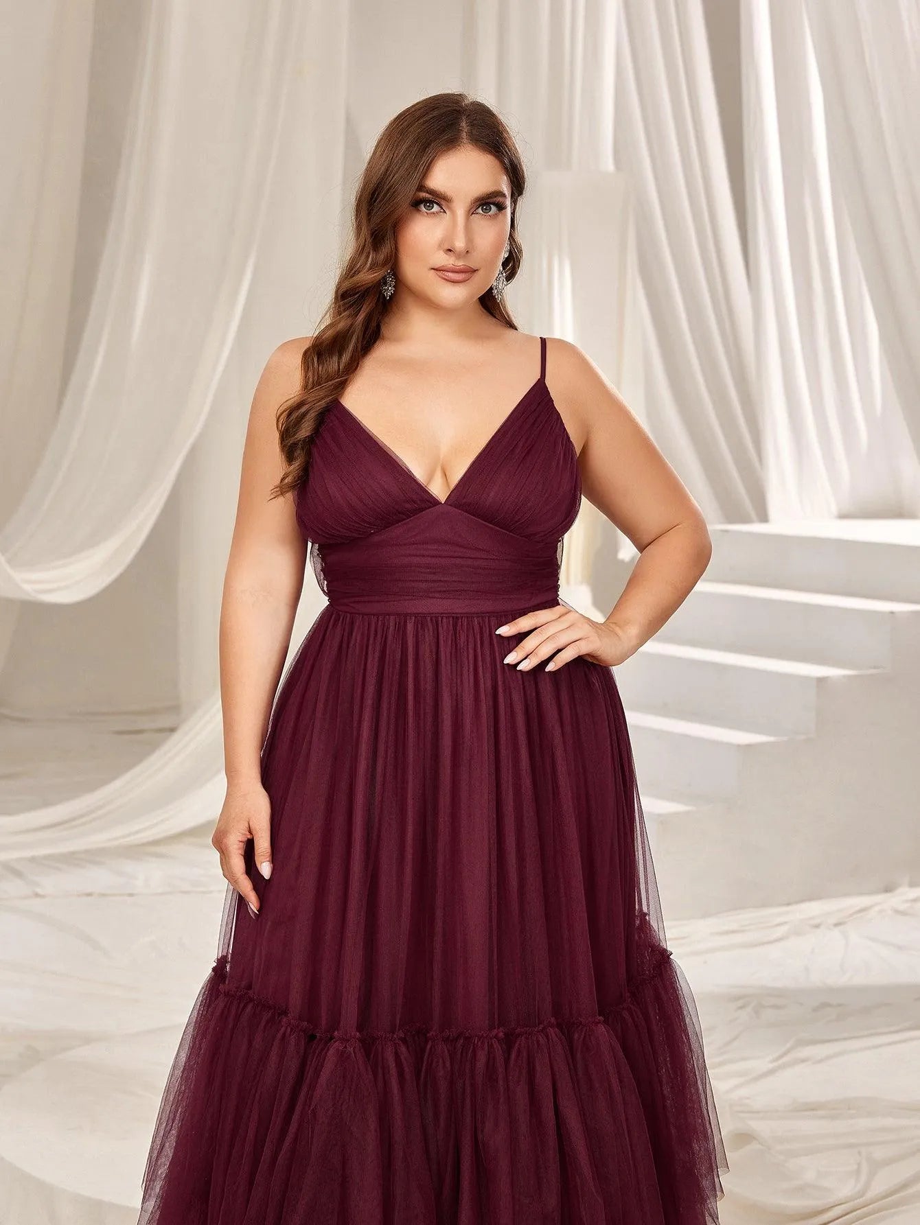 Plus Ruffle Trim Layered Hem Mesh Cami Prom Dress