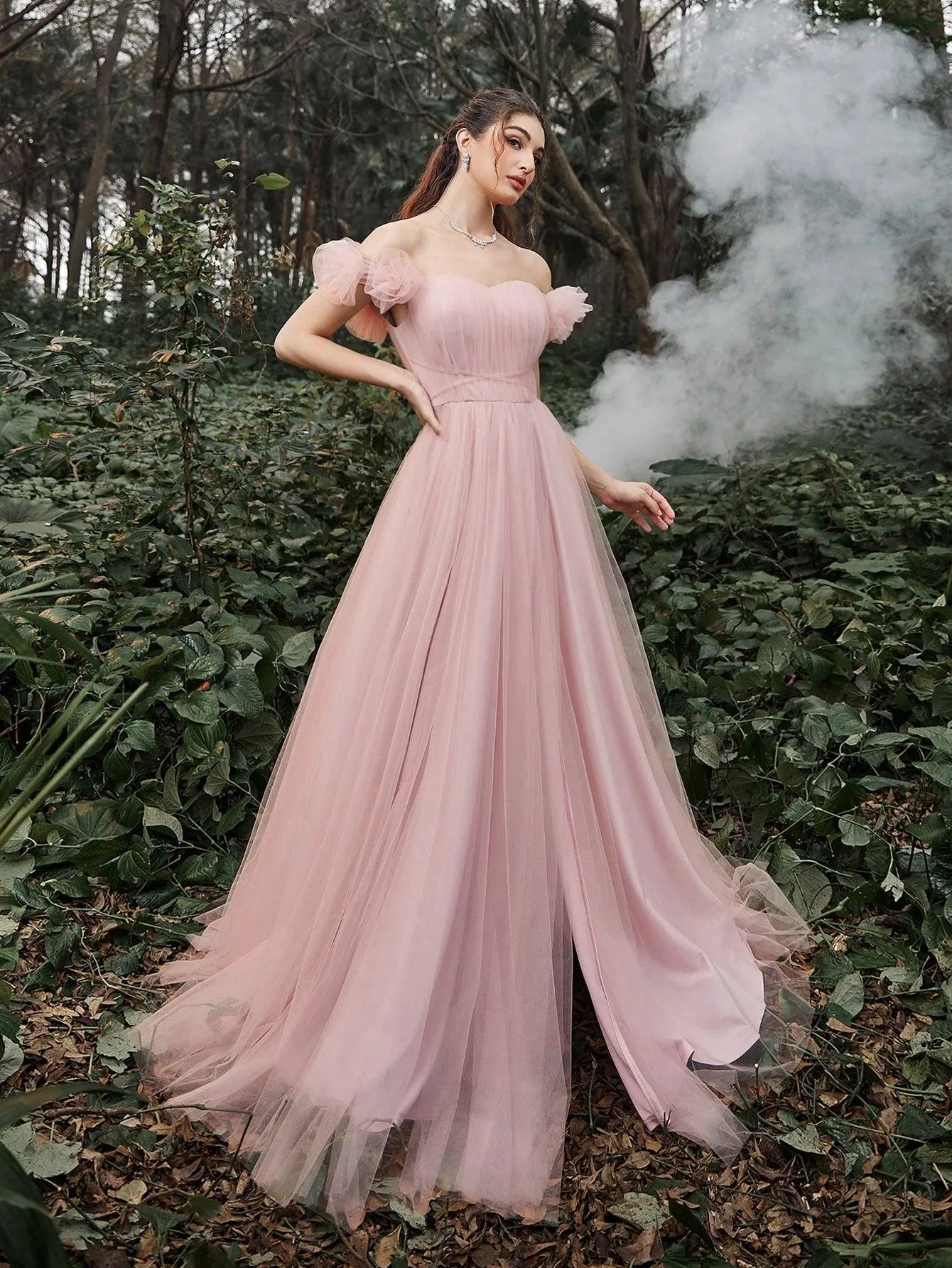 Elegant Off Shoulder Ruched Bust Split Thigh Tulle Evening Dress