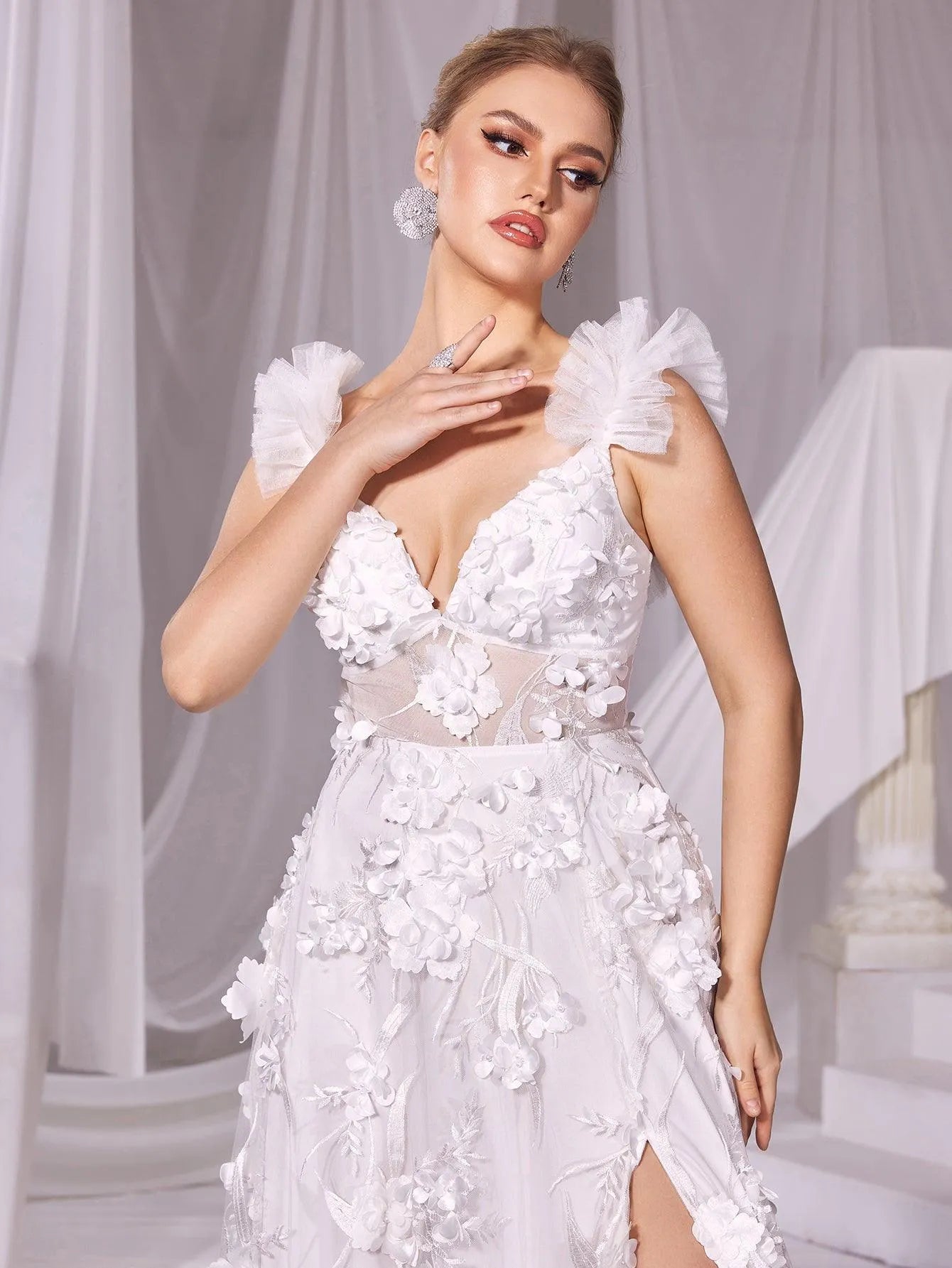 Floral Applique Plunging Neck Split Mesh Wedding Dress