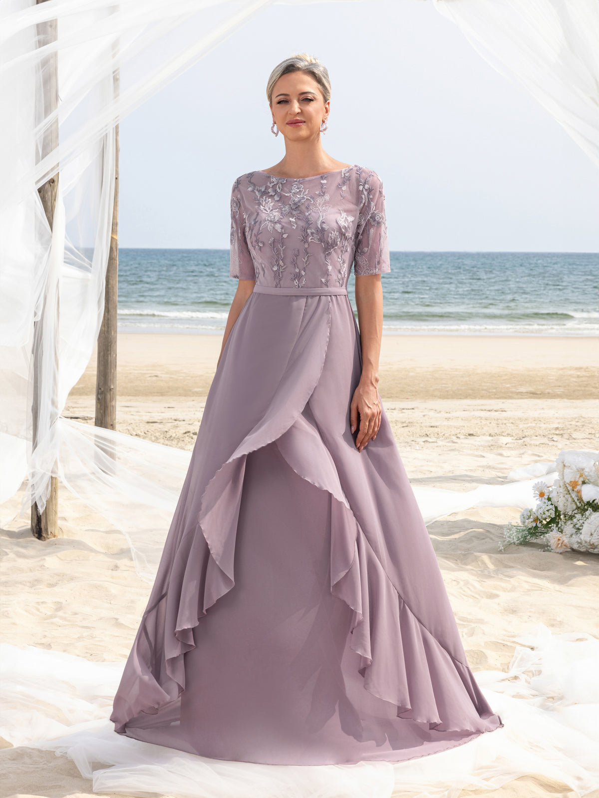 Womens' Chiffon Floor-Length Evening Gown with Short Sleeves & Floral Lace – Elegant Mother of the Bride Dress with Layered Ruffle for Coastal Events, Evening Banquets & Family Gatherings