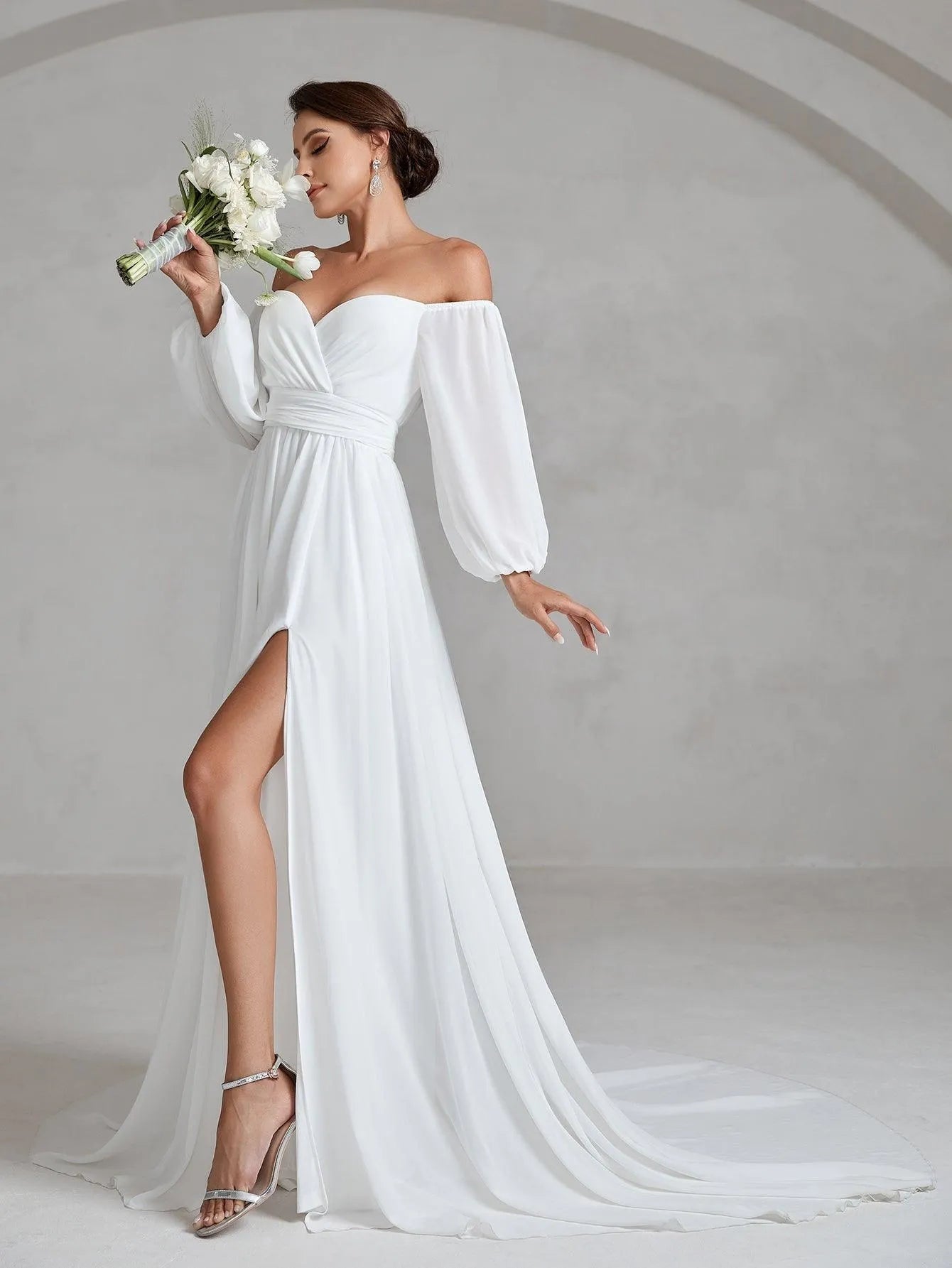 Off Shoulder Lantern Sleeves Chiffon Wedding Dress