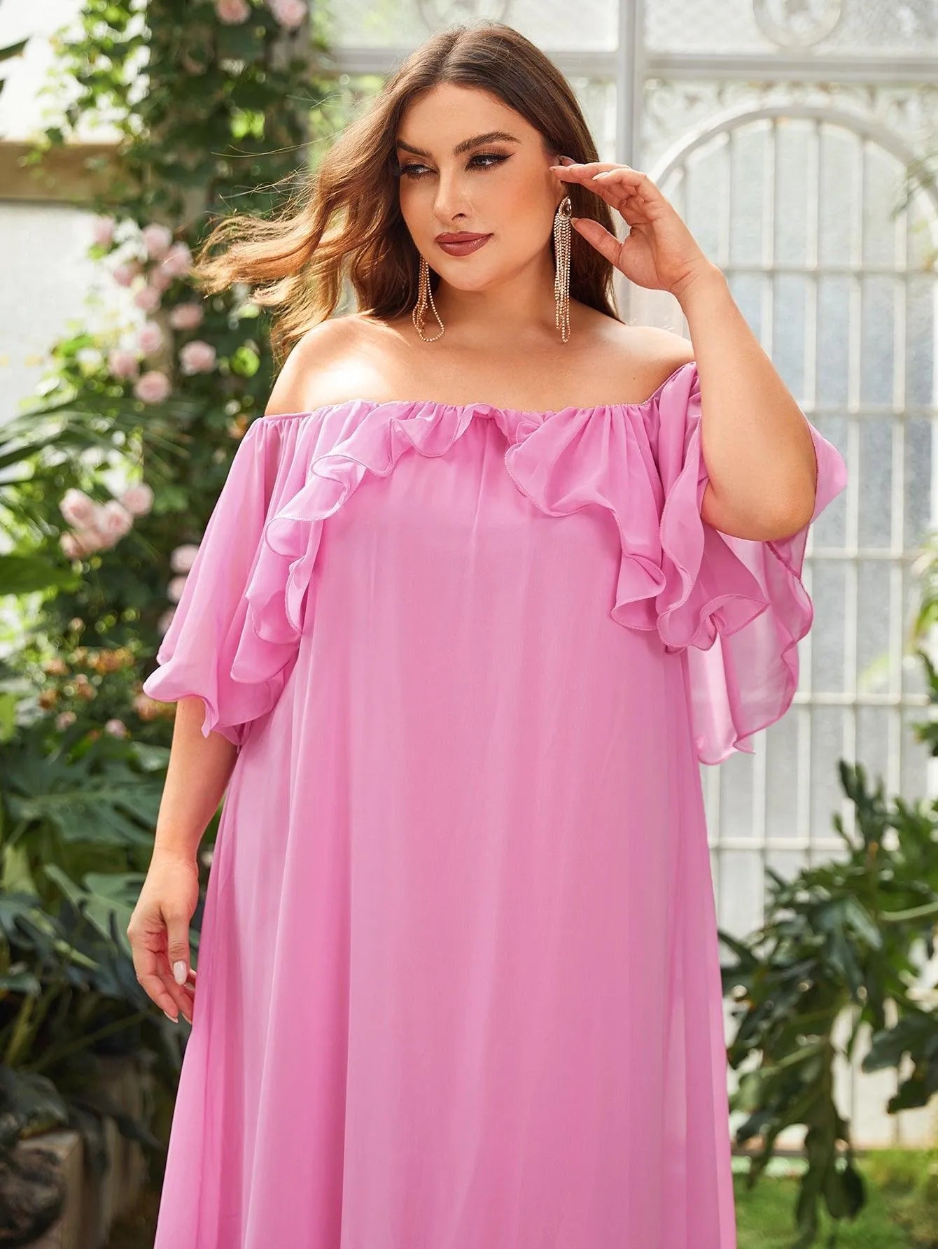 Plus Off Shoulder Ruffle Trim Chiffon Party Dress