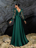 Elegant Satin A-line Evening Gown with V-Neck, Tulle Puff Sleeves and High Slit