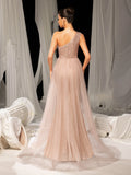 Elegant One Shoulder Sleeveless Mesh Overlay Sequin Formal Prom Dress Evening Dress