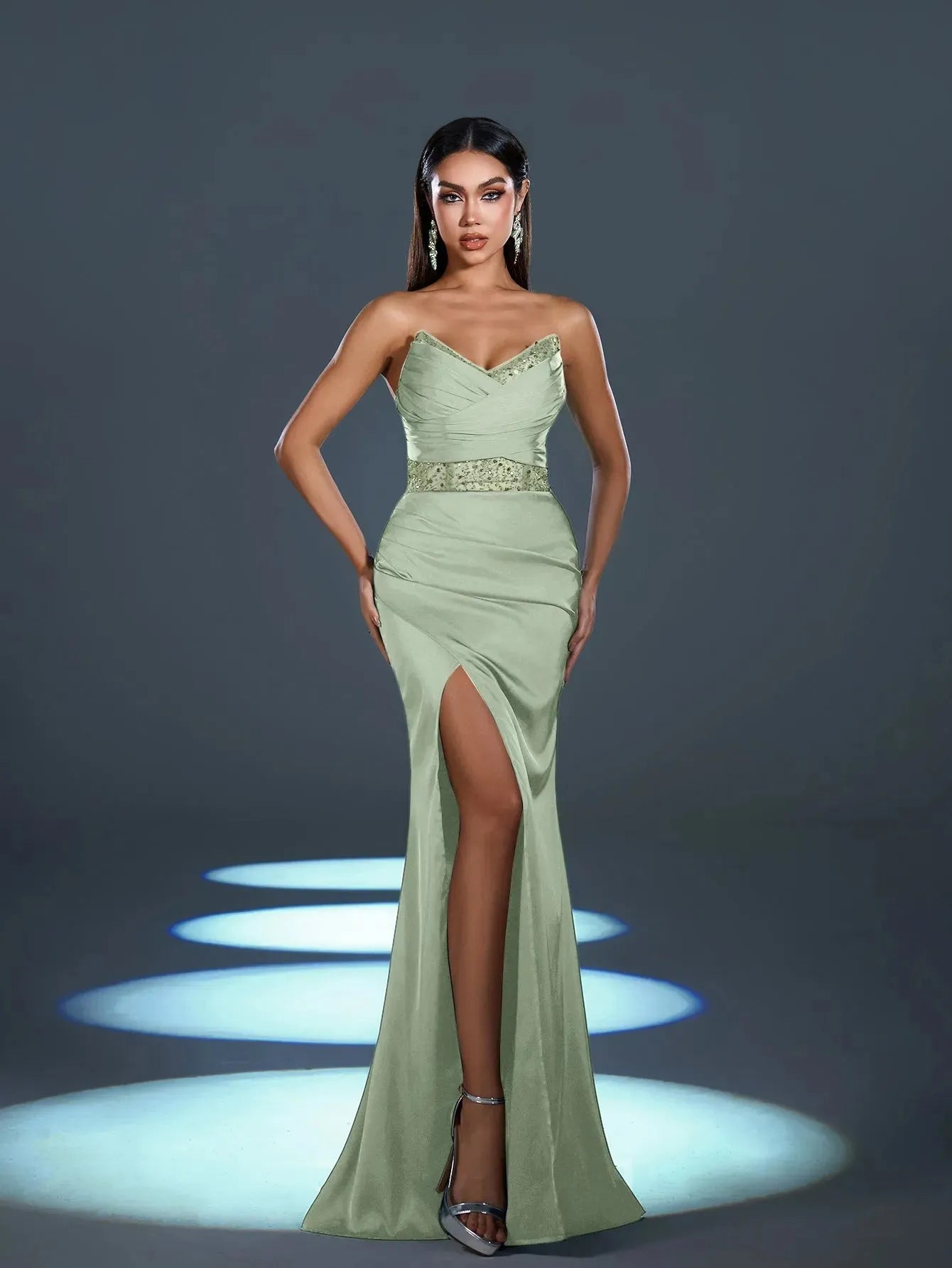 Elegant Strapless Contrast Sequin Split Thigh Satin Mermaid Party Dress