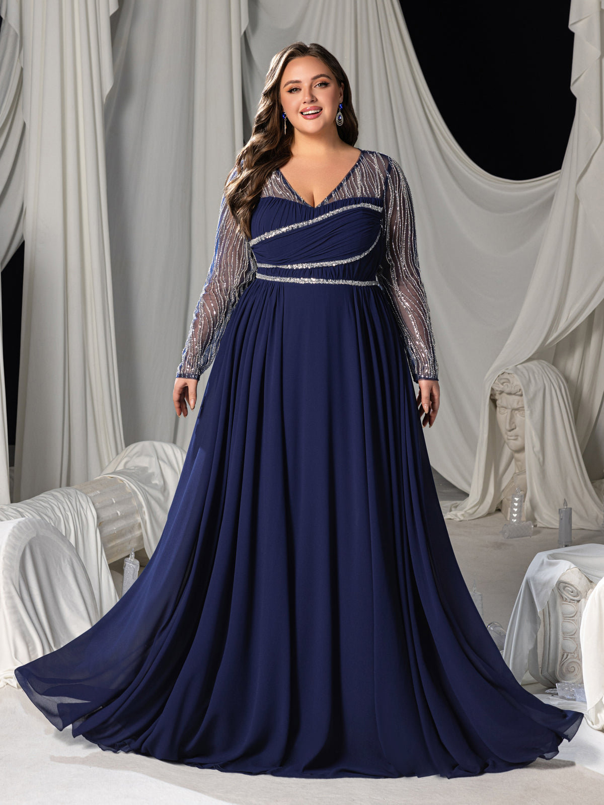 Plus Chiffon V-Neck Evening Gown with Silver Sequined Translucent Sleeves & Floor-Length Skirt