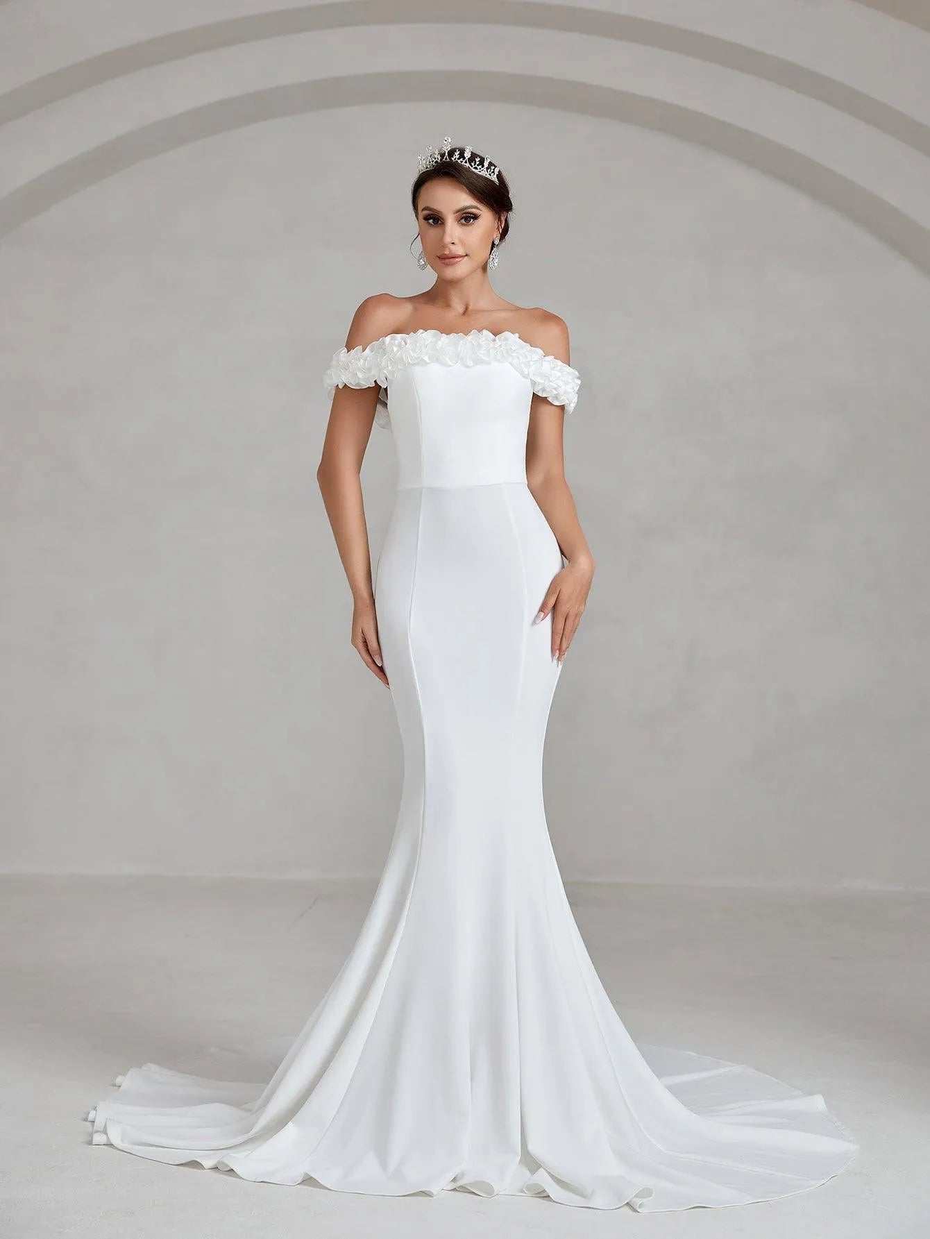 Ruffle Trim Off Shoulder Mermaid Hem Wedding Dress