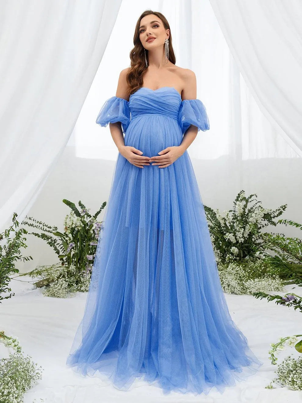 Maternity Off Shoulder Puff Sleeve Mesh Overlay Dress