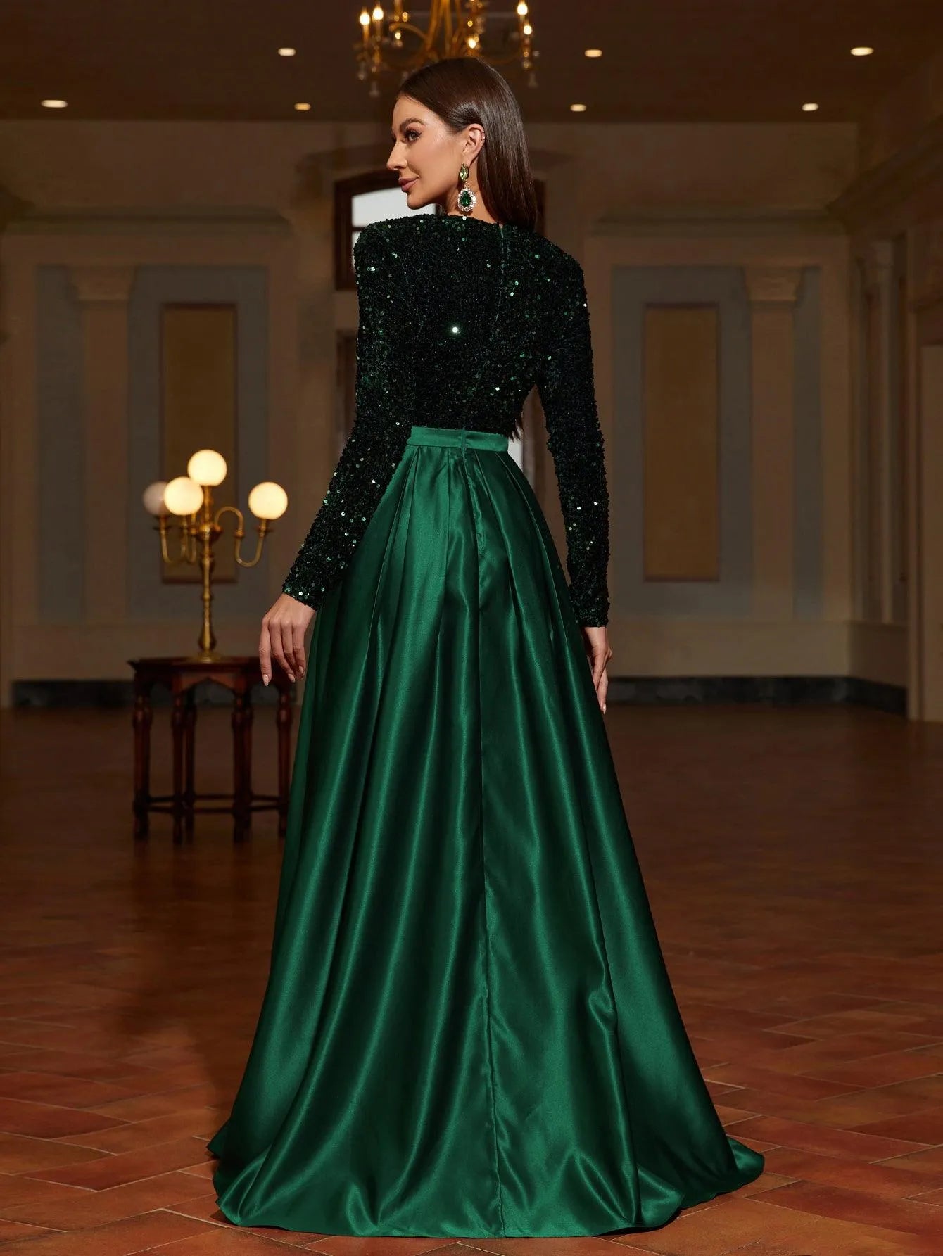 Plunging Neck Contrast Satin Sequin Formal Dress