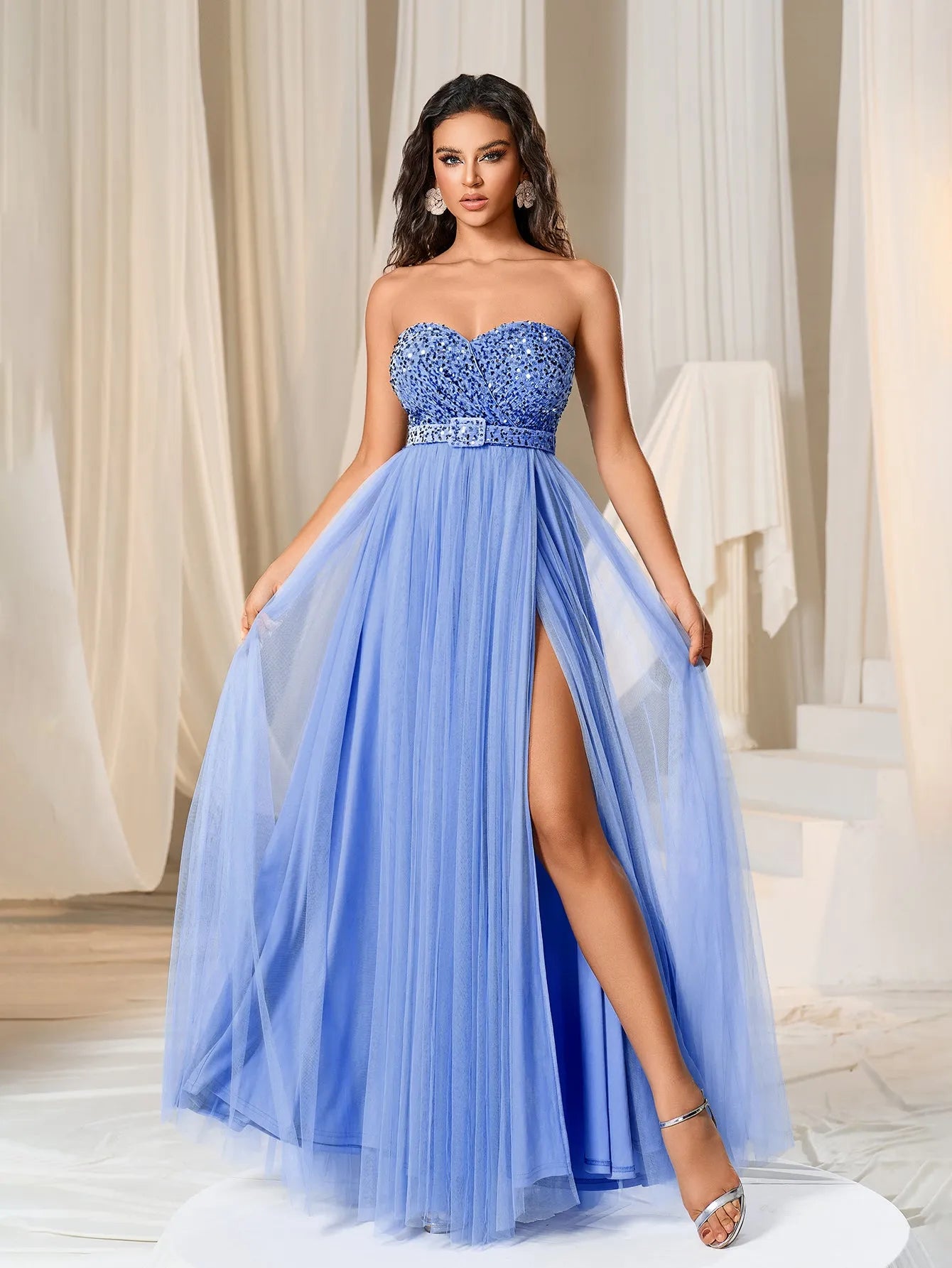 Elegant Strapless Split Thigh A-line Formal Evening Dress