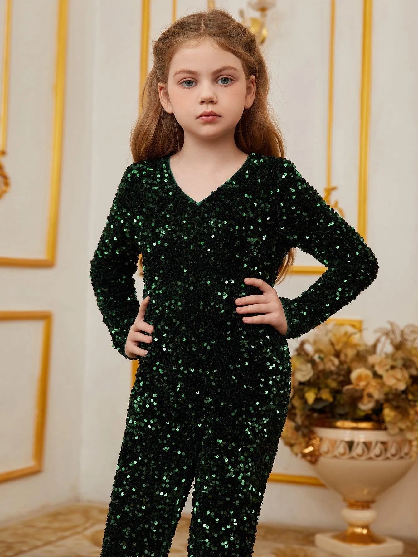 Tween Girls' V Neck Long Sleeves Sequin Jumpsuit