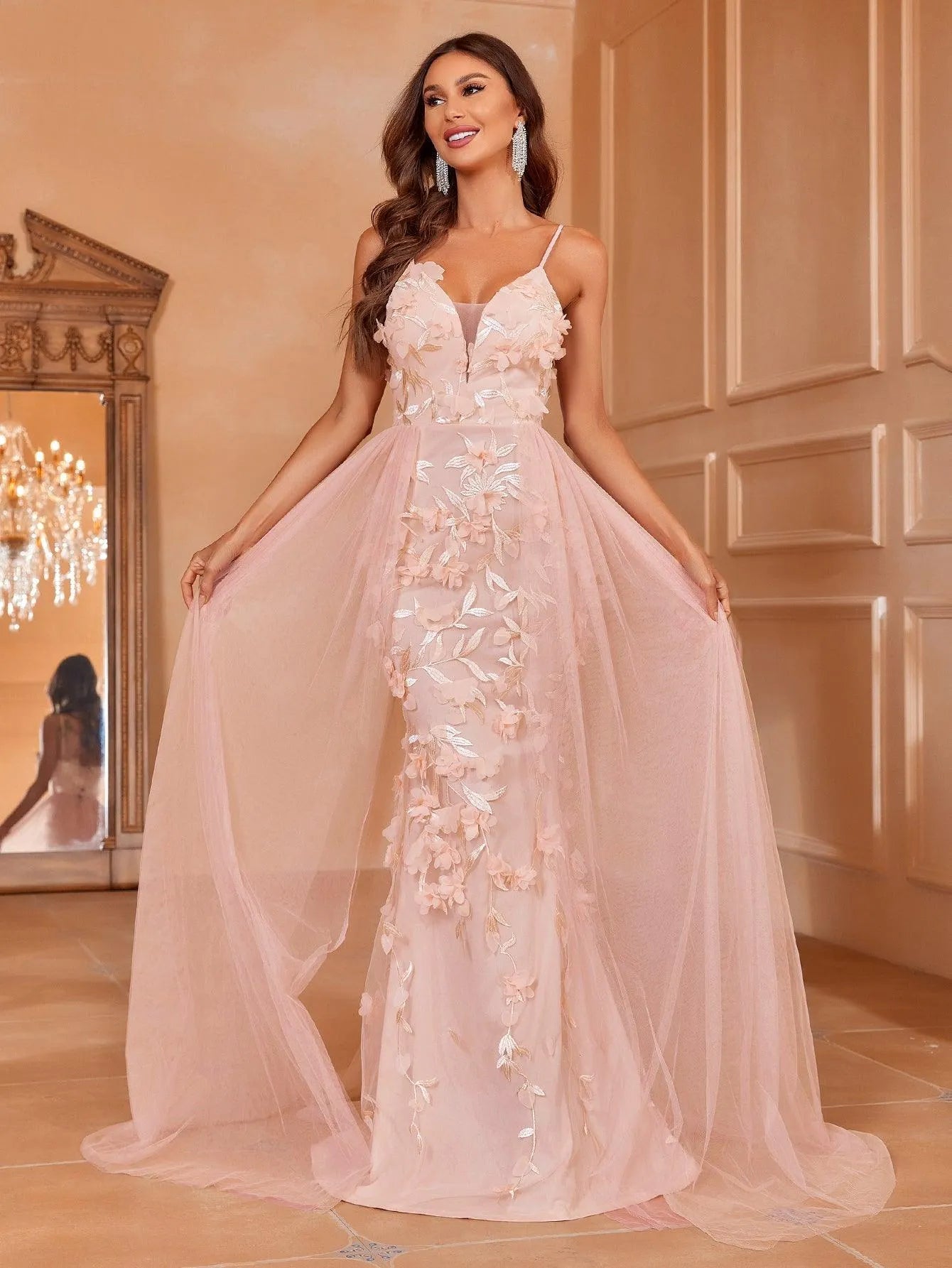 Floral-Accented Tulle Gown with Train