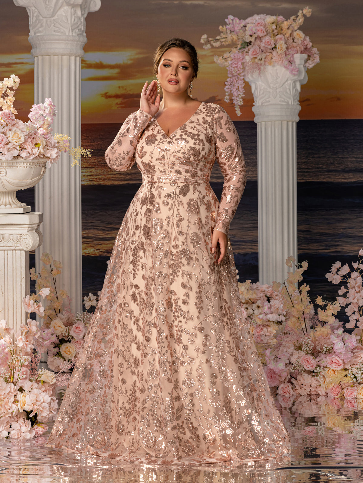 Plus Womens' Elegant V-Neck Evening Gown with Delicate Lace & Silver Embroidery – Long Flowing Skirt for Seaside Weddings & Romantic Beach Events