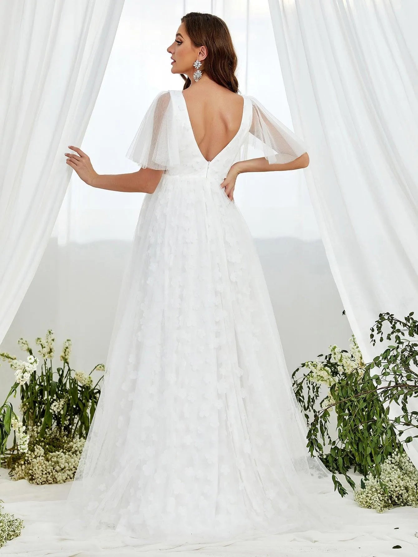 Maternity Butterfly Sleeve Floral Applique Mesh Wedding Dress