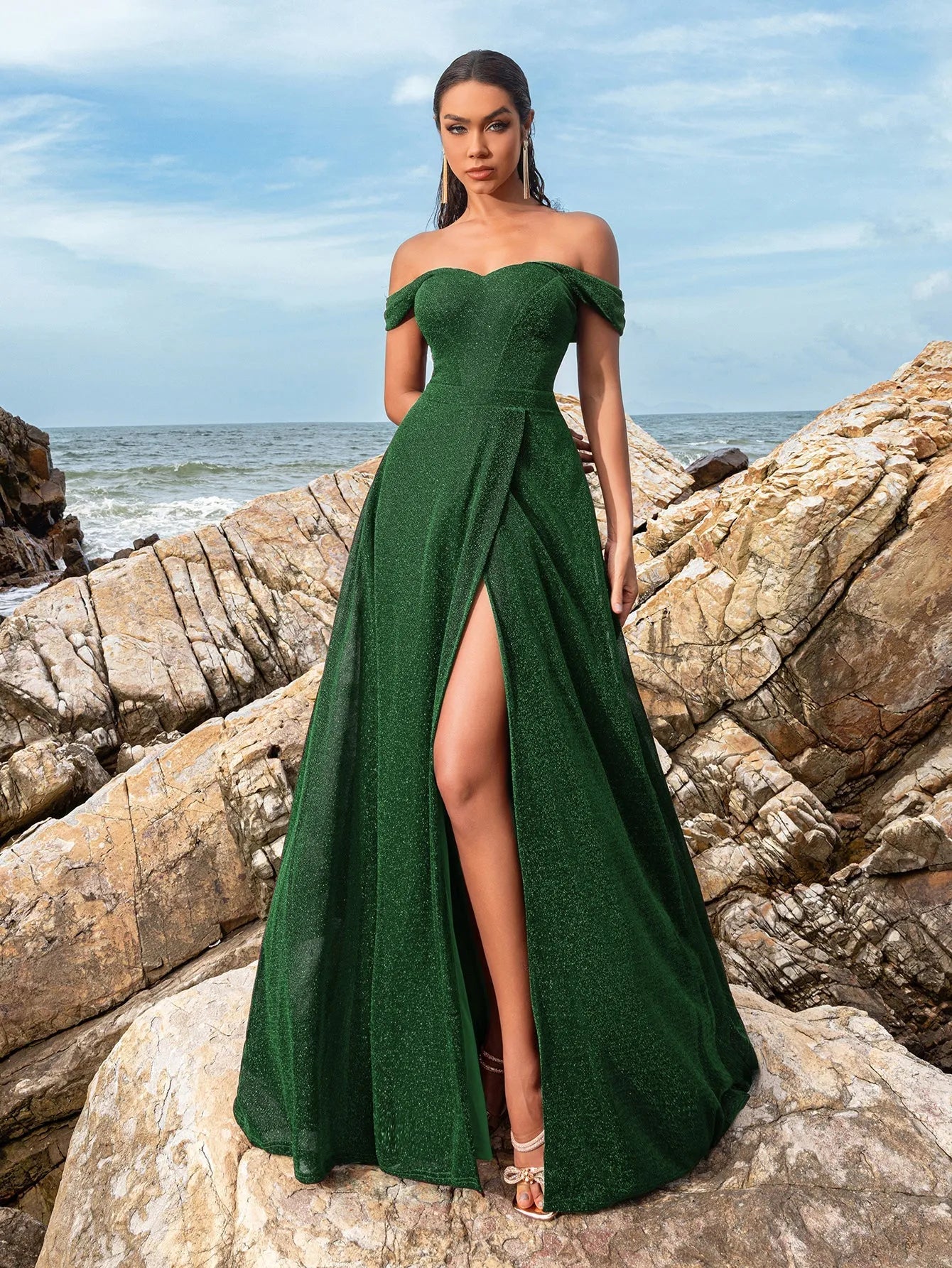 Glitter Off Shoulder A Line Split Thigh Evening Dress