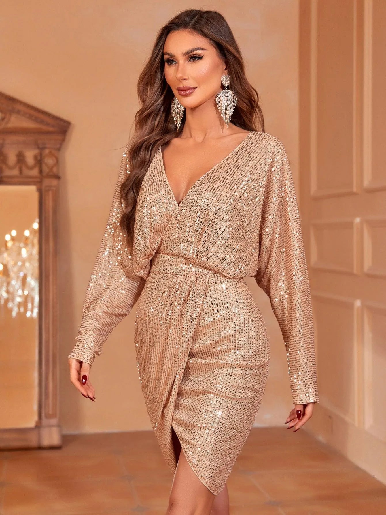 Surplice Neck Dolman Sleeves Sequin Party Dress