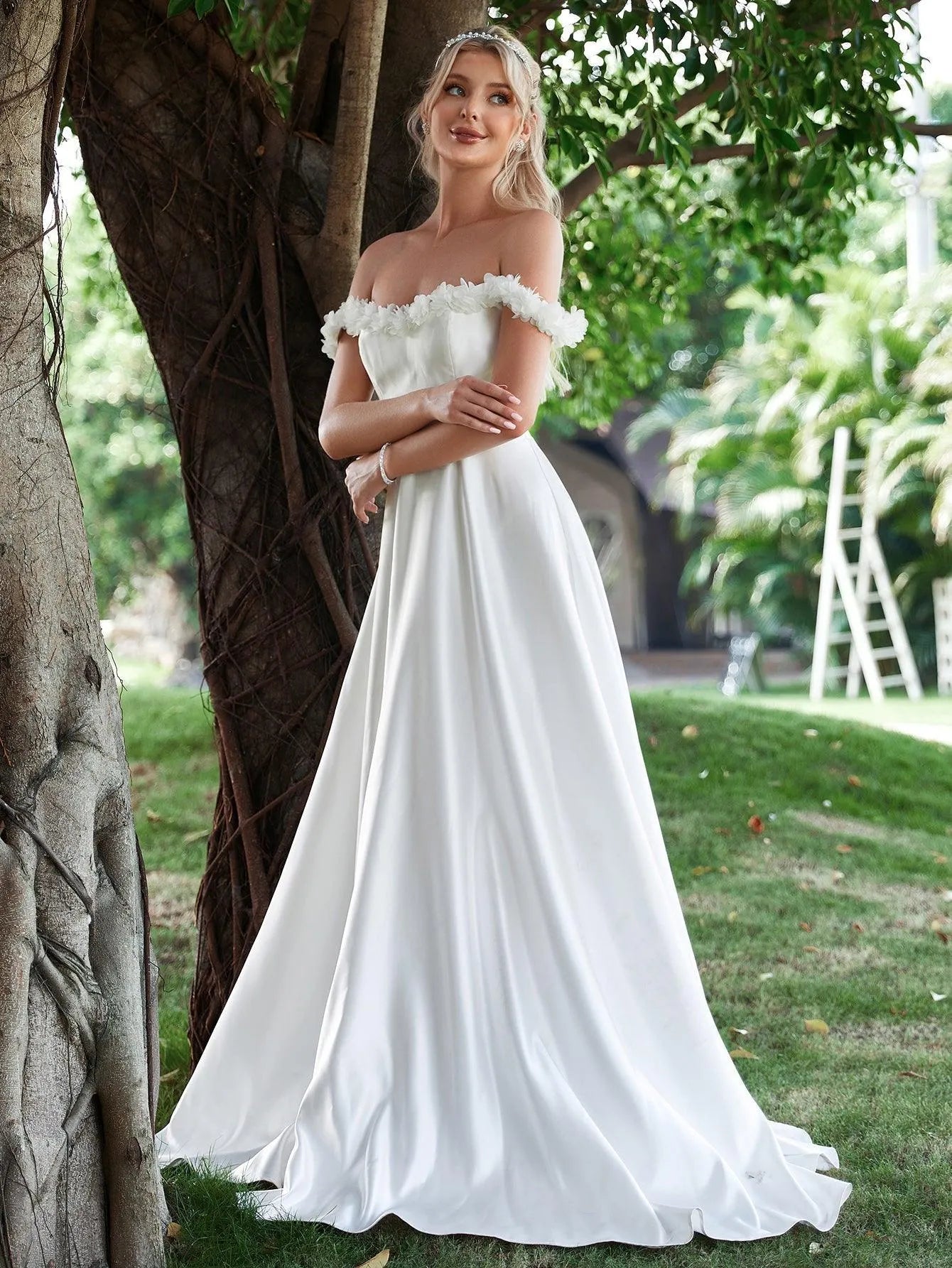 Off Shoulder Floral Applique Satin Wedding Dress