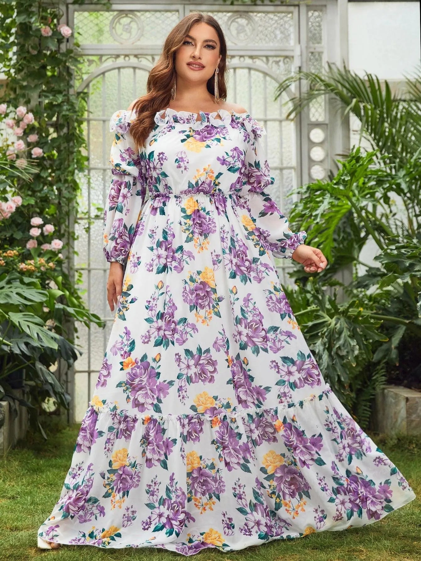 Plus Off Shoulder Long Sleeves Floral Chiffon Dress