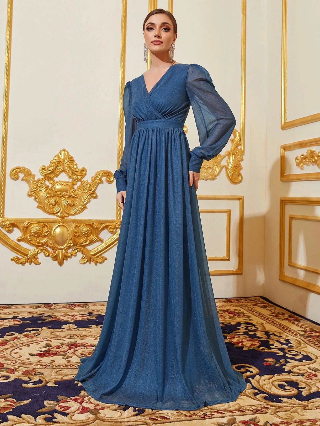 Elegant V Neck Lantern Sleeves Maxi A Line Dress