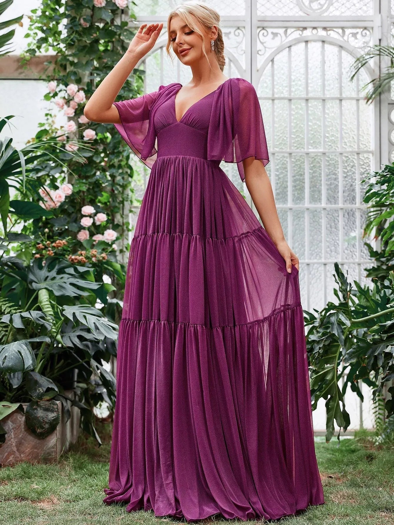 Solid Plunging Neck Butterfly Sleeves Dress