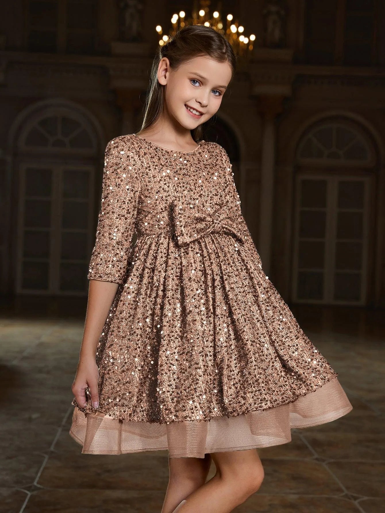 Tween Girls' Bow Detail 3/4 Sleeve Sequin Party Dress