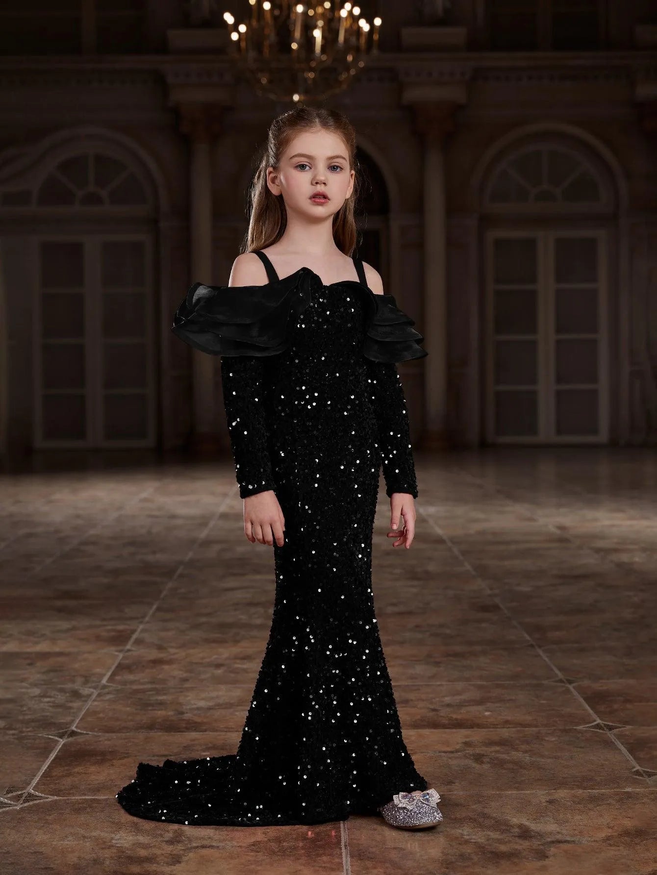Tween Girls' Off Shoulder Ruffle Trim Sequin Mermaid Dress - Elonnashop