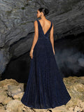 Glitter V Neck Sleeveless Maxi A Line Pleated Dress
