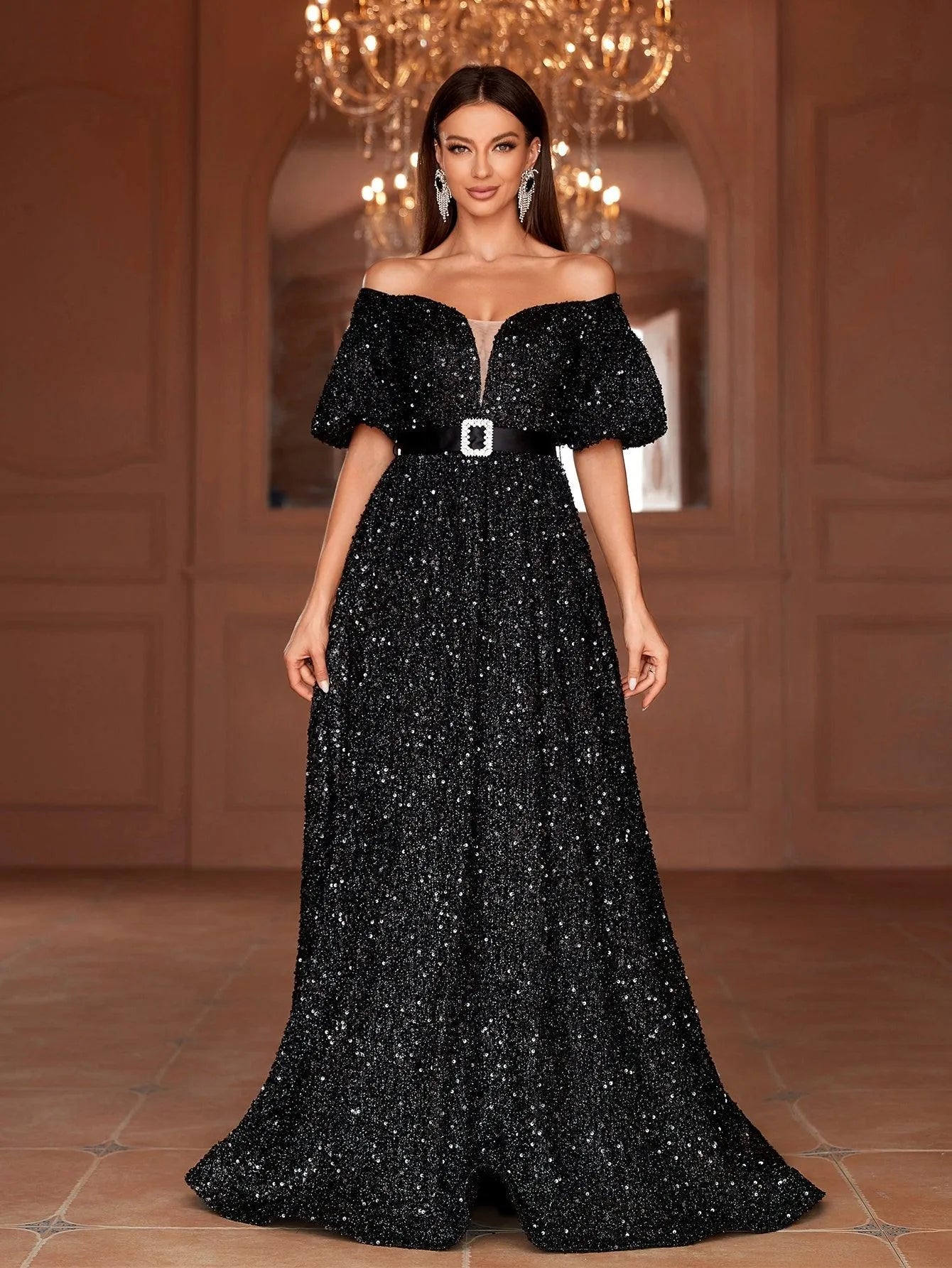 Off Shoulder Puff Sleeves Sequin A Line Dresses - Elonnashop