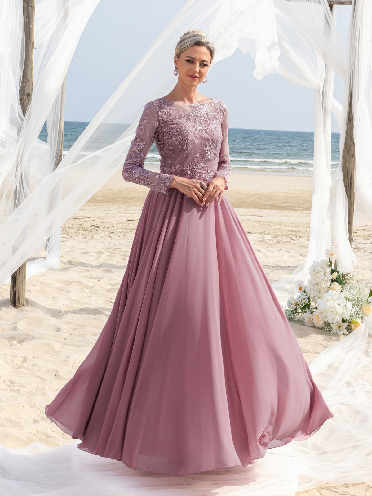 Womens' Gorgeous Mother-of-the-Bride Gown: Embroidered Lace Long Sleeves & Chiffon Skirt – Elegant Beach Wedding Formal Dress with Floral Detailing