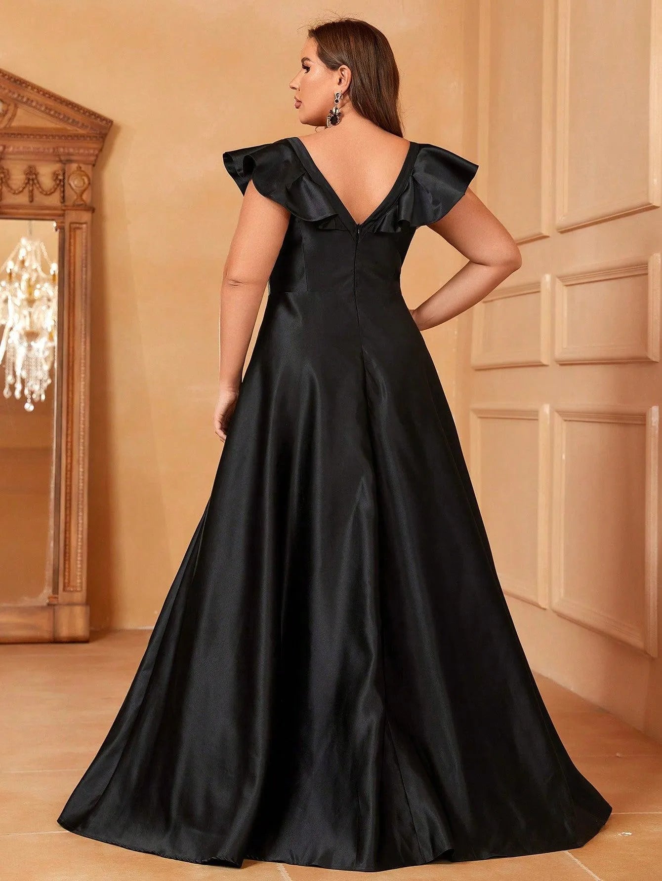 Plus Ruffle Trim Deep V Neck Satin Formal Dress