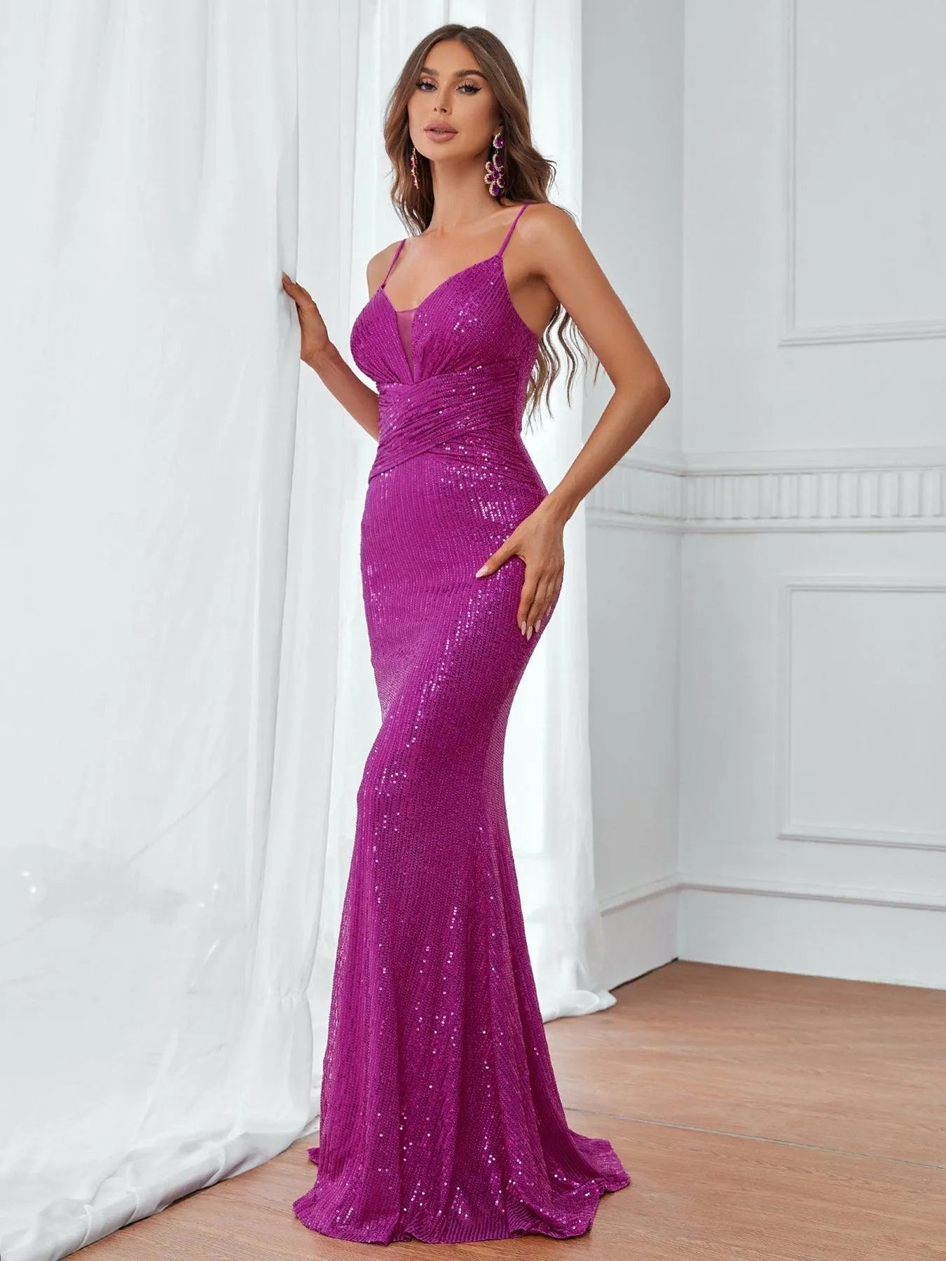 Elegant Plunging Neck Ruched Front Sequin Cami Dress