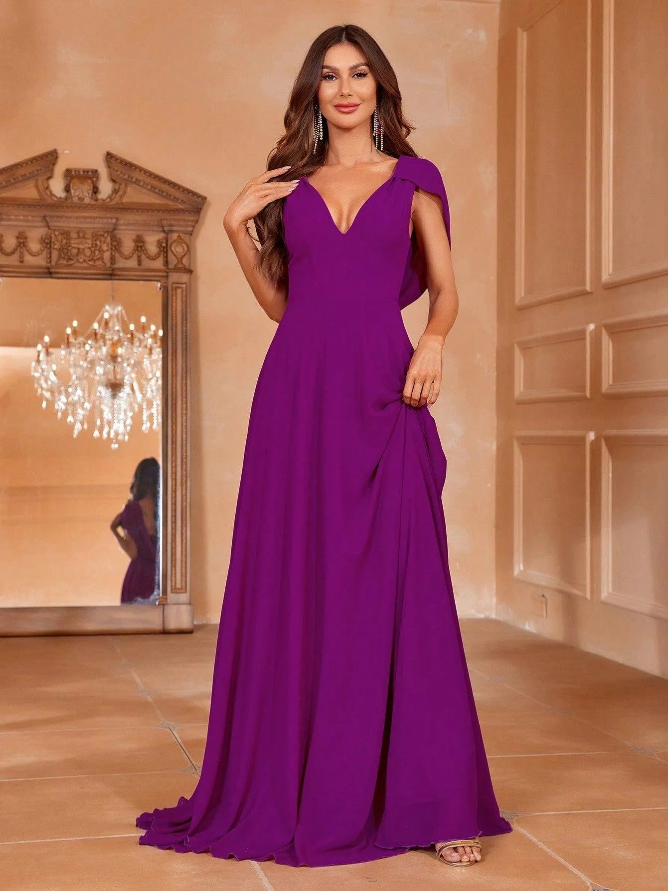 Solid V Neck Draped Back Chiffon A Line Dress