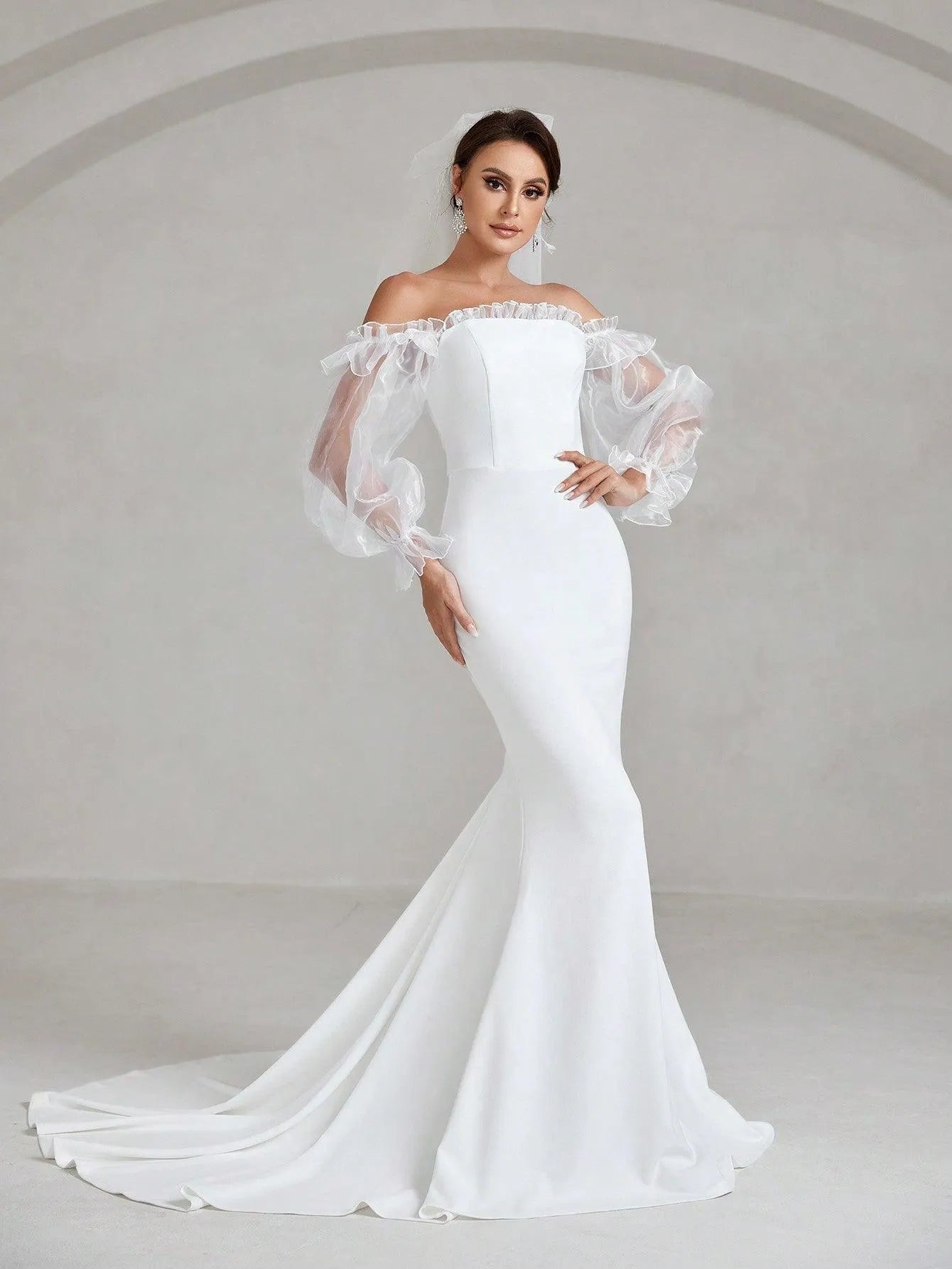 Off Shoulder Flounce Sleeve Maxi Mermaid Hem Wedding Dress