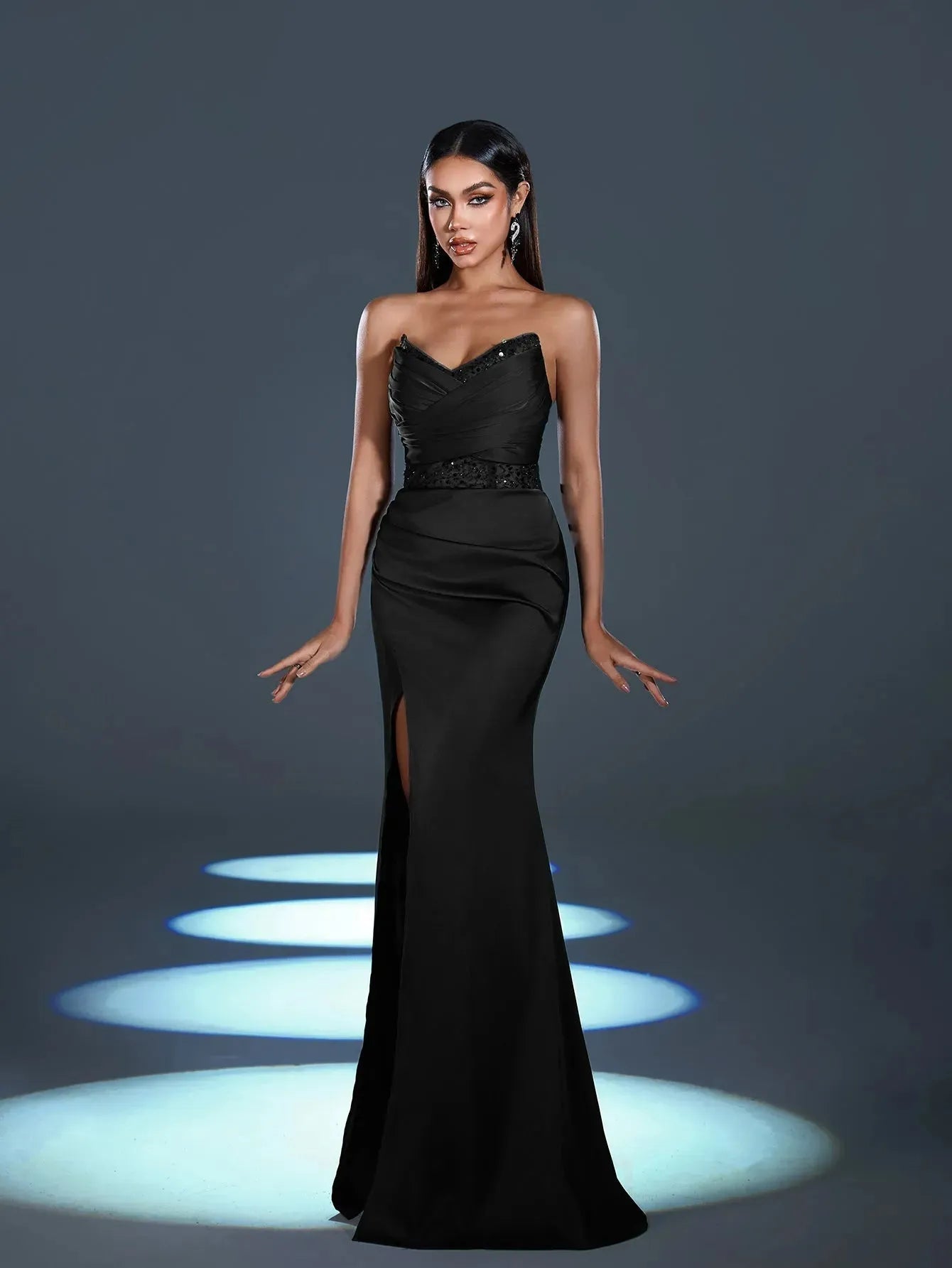 Elegant Strapless Contrast Sequin Split Thigh Satin Mermaid Party Dress