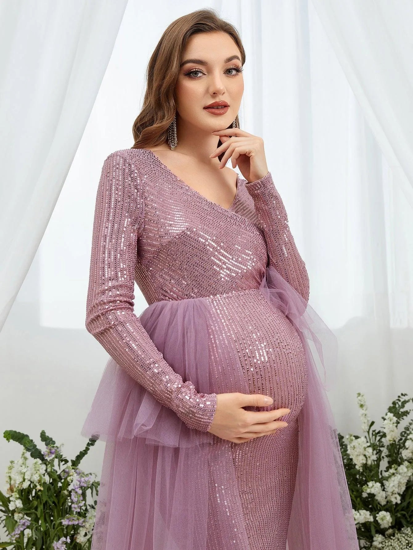 Maternity Surplice Nec Mesh Overlay Sequin Mermaid Dress