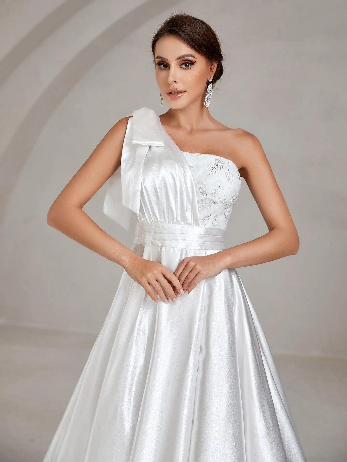 One Shoulde Floor Length Satin Wedding Dress